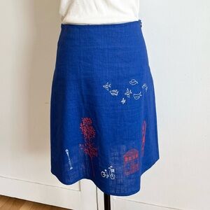 Paris Brand Meg Serigraphie Linen Blue Skirt with Detailed Drawing